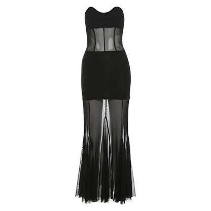 Mesh sweetheart neck solid tube maxi dress