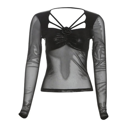 Long sleeve mesh hollow out flower applique cut out top