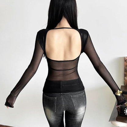 Long sleeve mesh hollow out flower applique cut out top