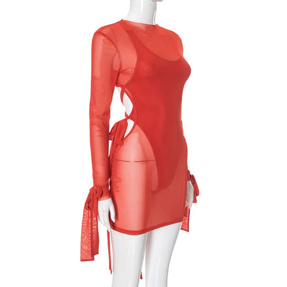 Long sleeve mesh cross back button mini dress