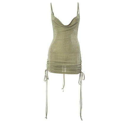 Cowl neck drawstring ruched cami mini dress