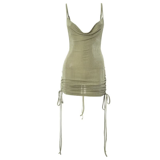 Cowl neck drawstring ruched cami mini dress
