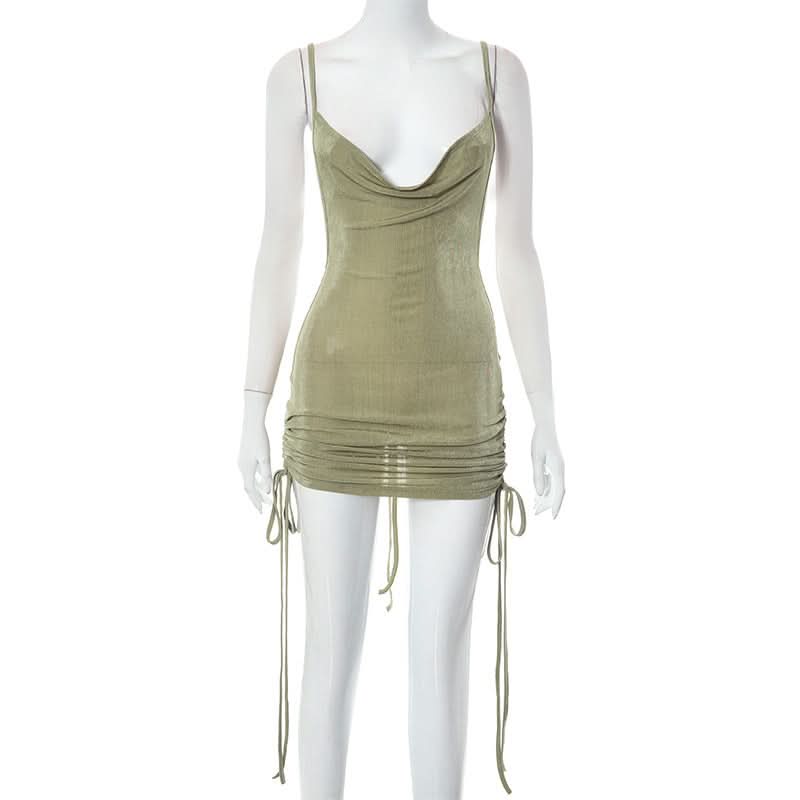 Cowl neck drawstring ruched cami mini dress