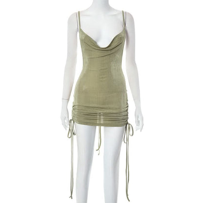 Cowl neck drawstring ruched cami mini dress