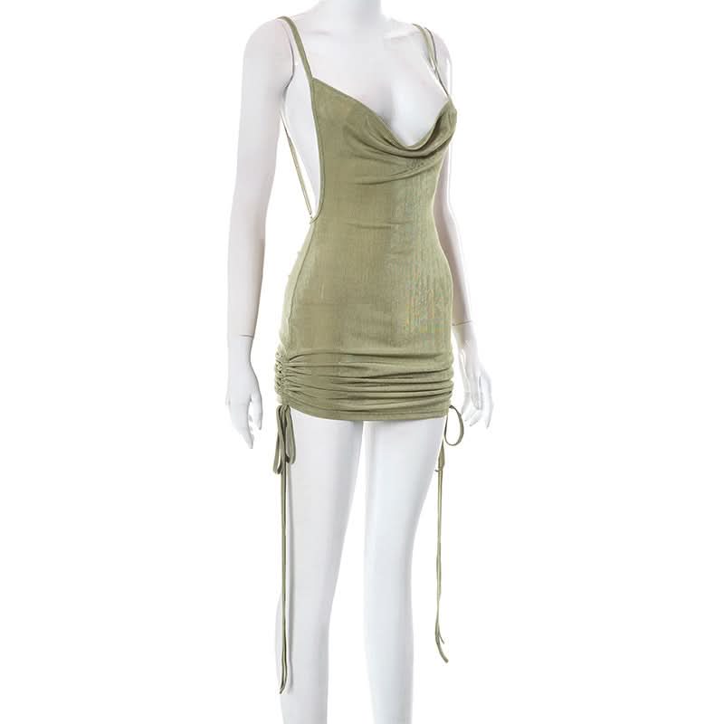 Cowl neck drawstring ruched cami mini dress
