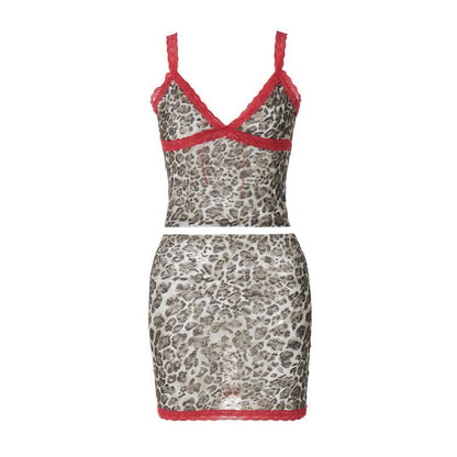 Leopard print lace hem v neck cami mini skirt set