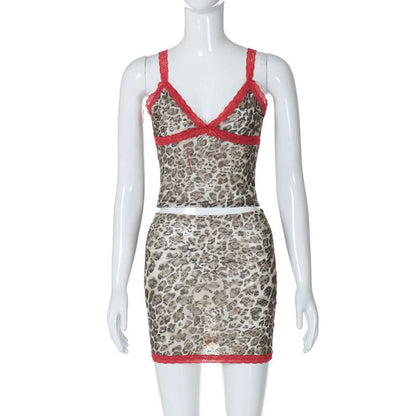 Leopard print lace hem v neck cami mini skirt set