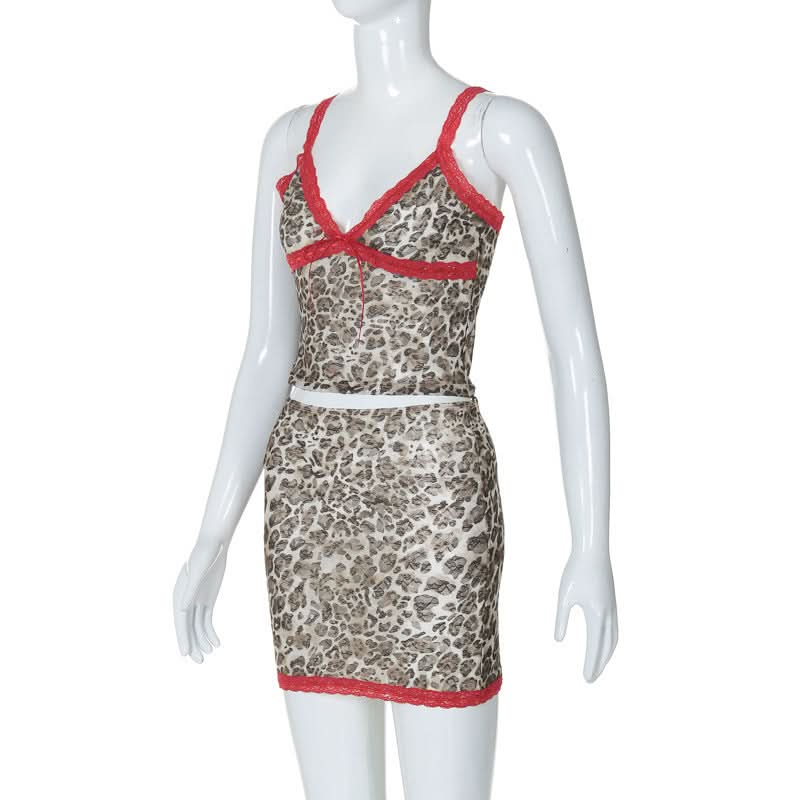 Leopard print lace hem v neck cami mini skirt set