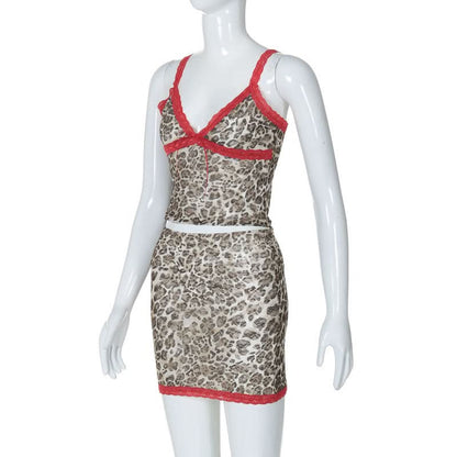 Leopard print lace hem v neck cami mini skirt set