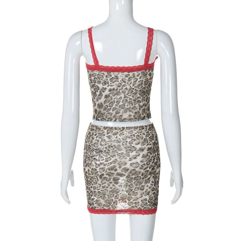 Leopard print lace hem v neck cami mini skirt set