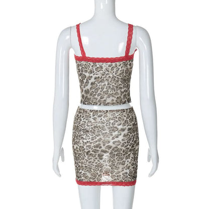 Leopard print lace hem v neck cami mini skirt set