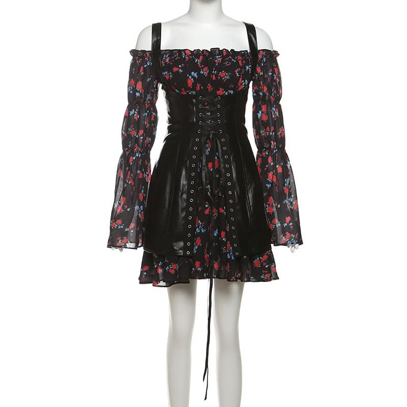 Off shoulder long sleeve flower print PU leather 2 piece mini dress