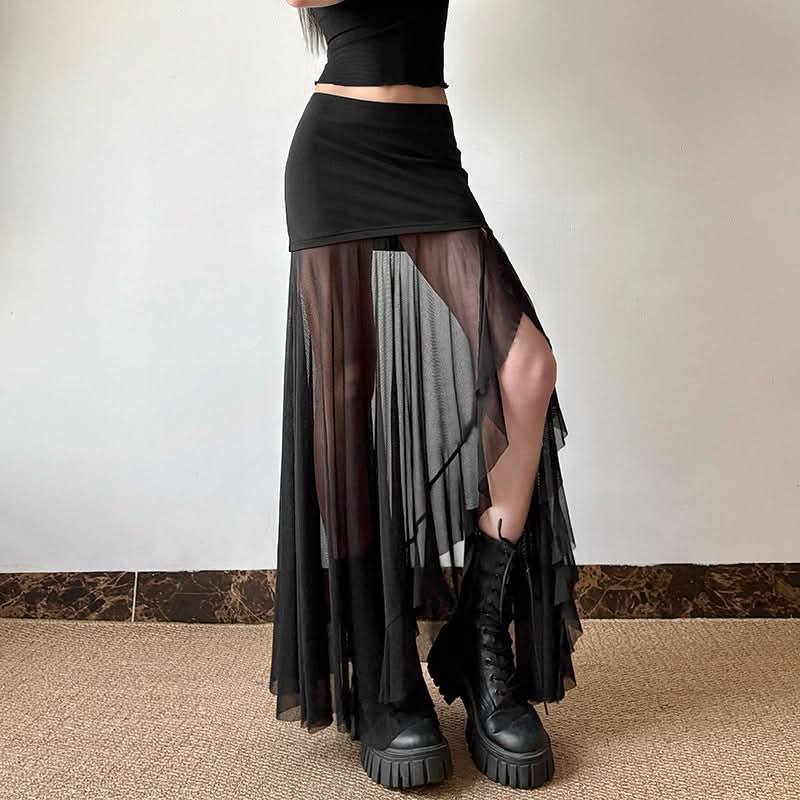 Mesh patchwork high slit maxi skirt
