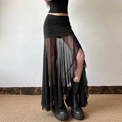Mesh patchwork high slit maxi skirt
