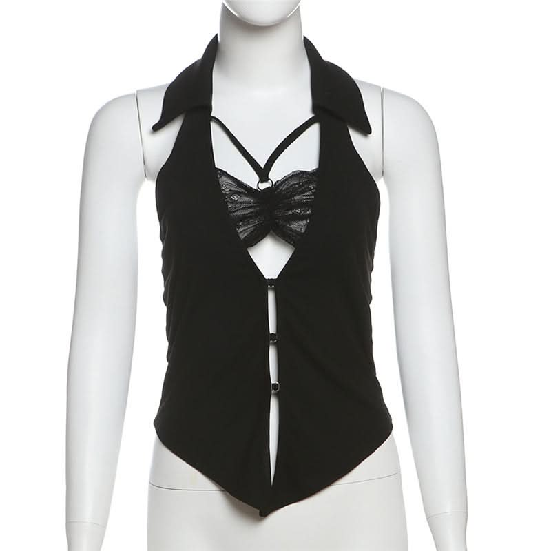 Turnover collar halter lace hem o ring top
