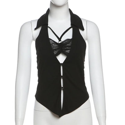 Turnover collar halter lace hem o ring top