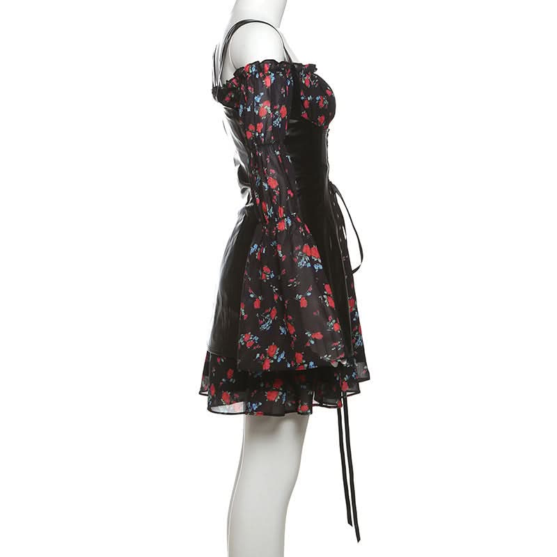 Off shoulder long sleeve flower print PU leather 2 piece mini dress