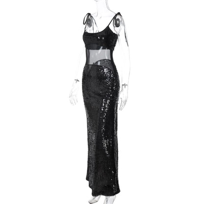 U neck glitter mesh cami maxi dress