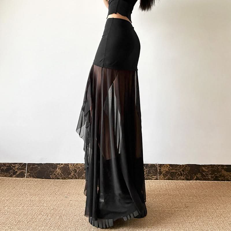 Mesh patchwork high slit maxi skirt