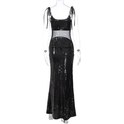 U neck glitter mesh cami maxi dress