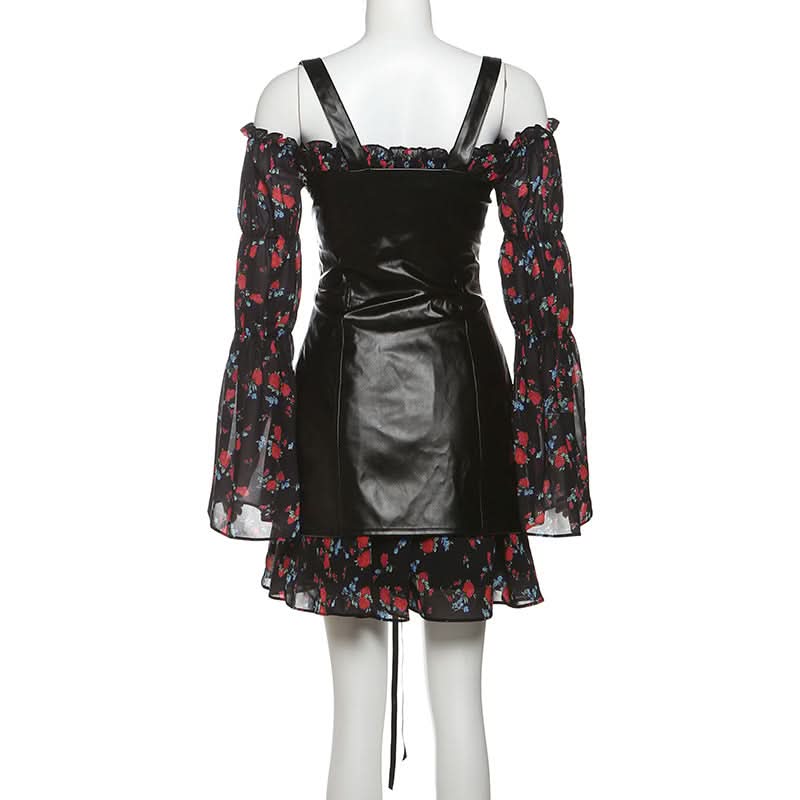 Off shoulder long sleeve flower print PU leather 2 piece mini dress