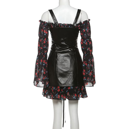 Off shoulder long sleeve flower print PU leather 2 piece mini dress