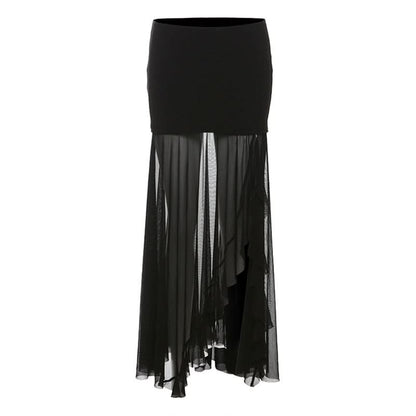 Mesh patchwork high slit maxi skirt