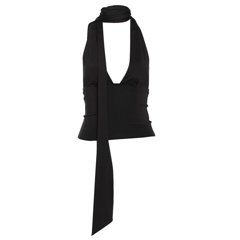 V neck halter backless solid top
