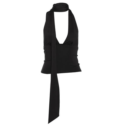 V neck halter backless solid top