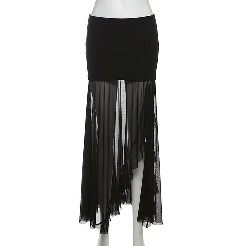 Mesh patchwork high slit maxi skirt