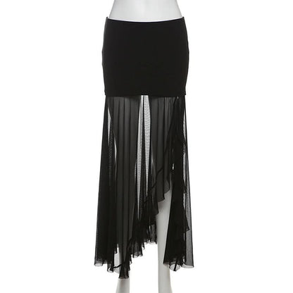 Mesh patchwork high slit maxi skirt