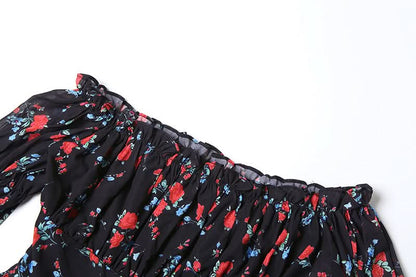 Off shoulder long sleeve flower print PU leather 2 piece mini dress