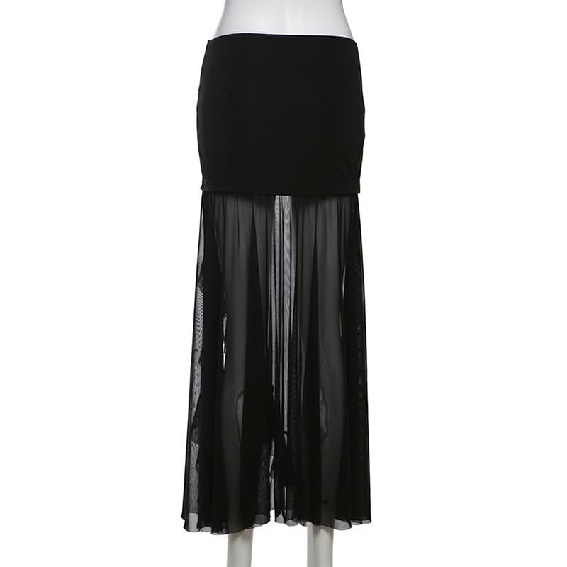 Mesh patchwork high slit maxi skirt