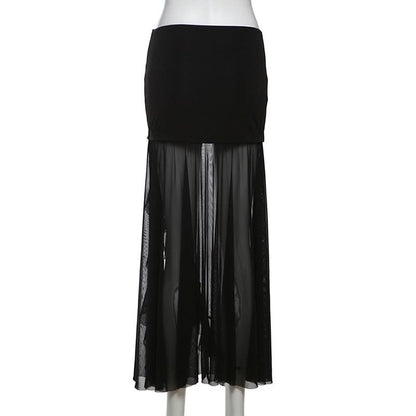 Mesh patchwork high slit maxi skirt