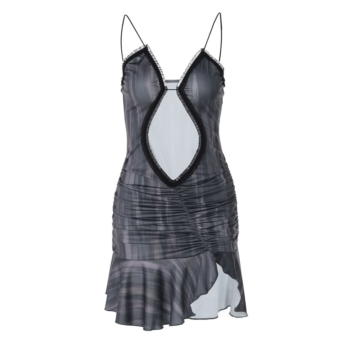 Hollow out ruffle ruched cami cut out mini dress