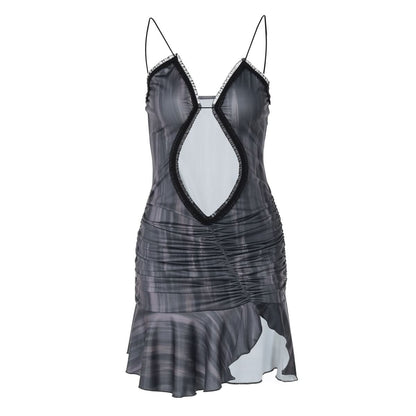 Hollow out ruffle ruched cami cut out mini dress