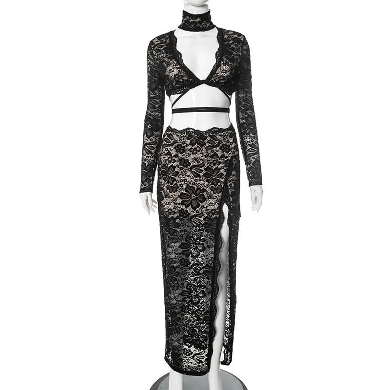 High neck long sleeve self tie lace slit maxi skirt set