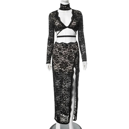 High neck long sleeve self tie lace slit maxi skirt set