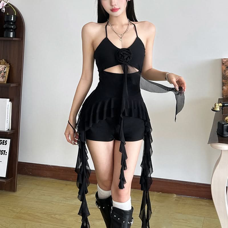 Halter mesh flower applique hollow out ruffle cut out top