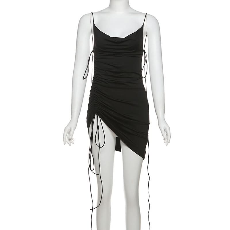 Drawstring cowl neck cami mini dress
