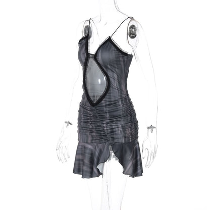 Hollow out ruffle ruched cami cut out mini dress