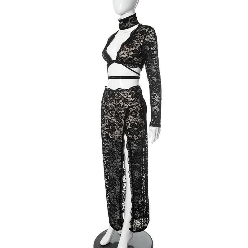 High neck long sleeve self tie lace slit maxi skirt set