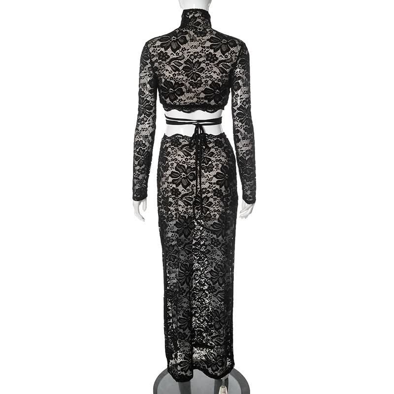 High neck long sleeve self tie lace slit maxi skirt set