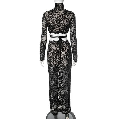 High neck long sleeve self tie lace slit maxi skirt set