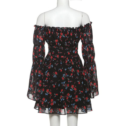 Off shoulder long sleeve flower print ruffle mini dress