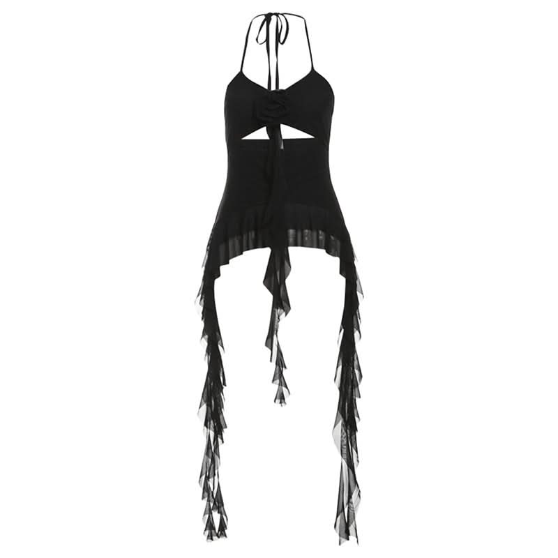 Halter mesh flower applique hollow out ruffle cut out top