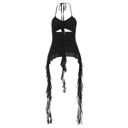 Halter mesh flower applique hollow out ruffle cut out top