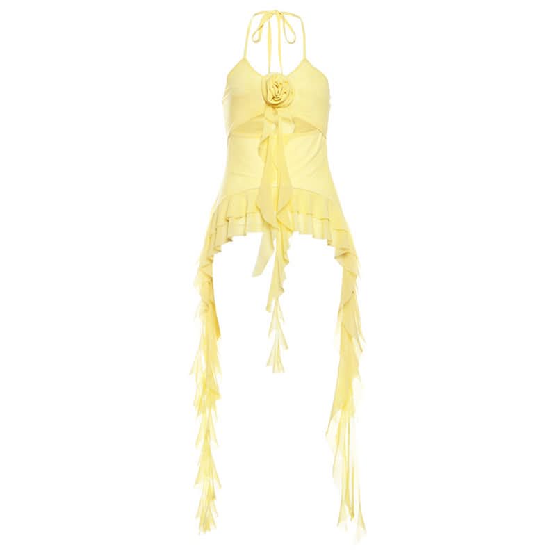 Halter mesh flower applique hollow out ruffle cut out top