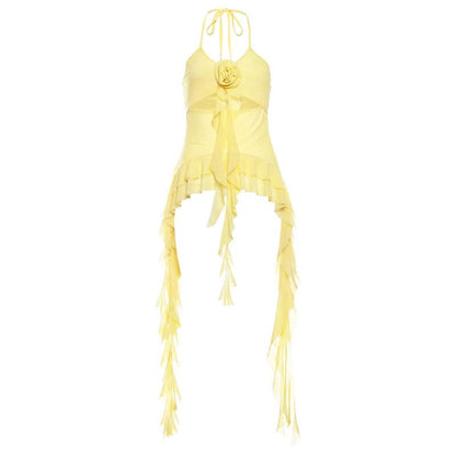 Halter mesh flower applique hollow out ruffle cut out top