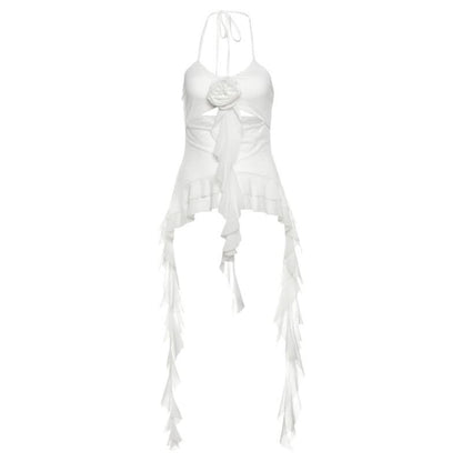 Halter mesh flower applique hollow out ruffle cut out top